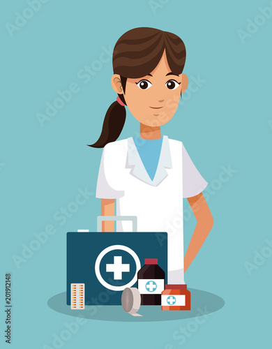 Nurse with firt aids suitcase cartoon vector illustration graphic design