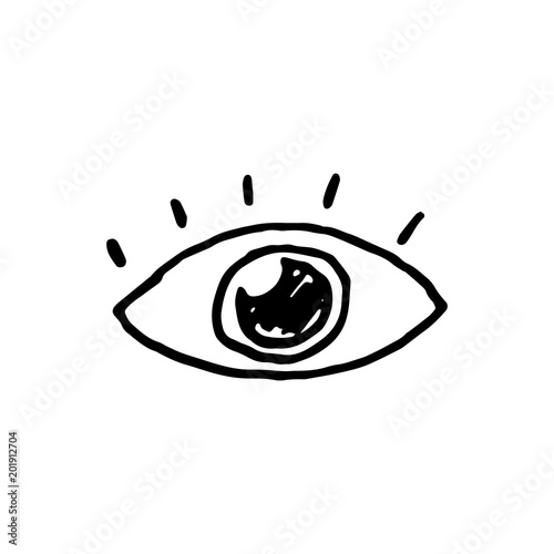 Handdrawn doodle eye icon. Hand drawn black sketch. Sign symbol. Decoration element. White background. Isolated. Flat design. Vector illustration.