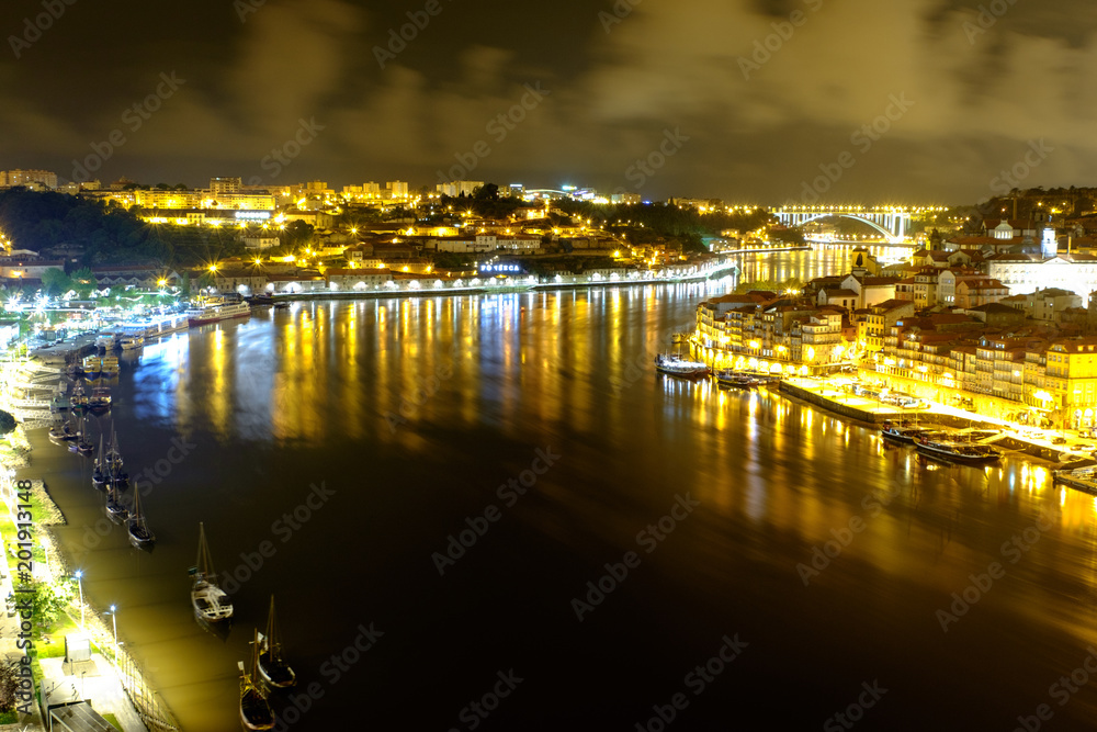 View of night Porto. Blurry river. Long exposure.
