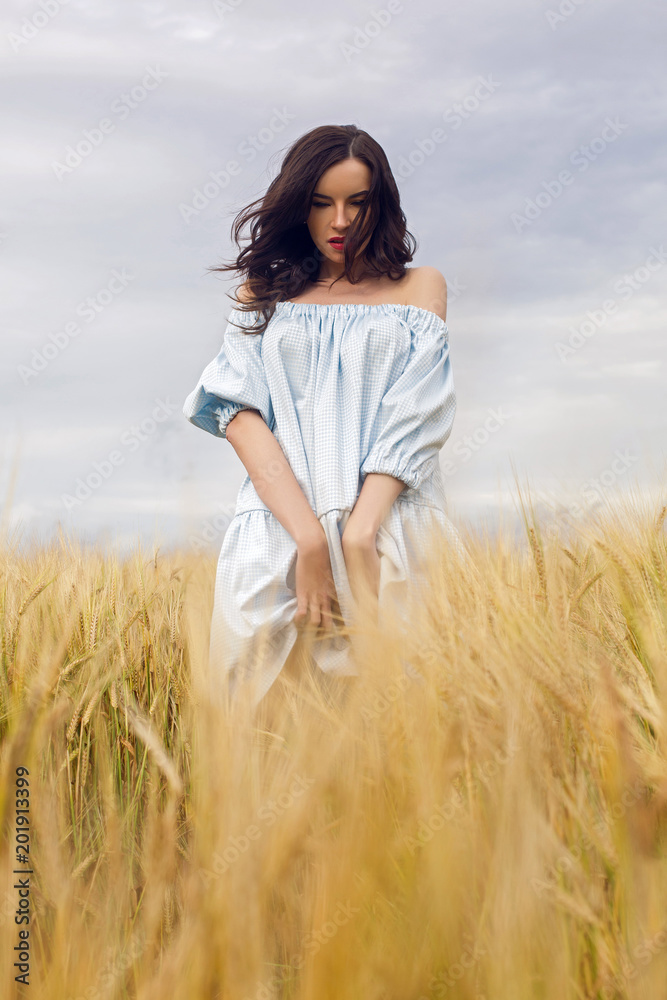 woman in a blue light dress stands in a field with yellow dry ears of wheat in the summer woman in a blue light dress stands in a field with yellow dry ears of wheat in the summer