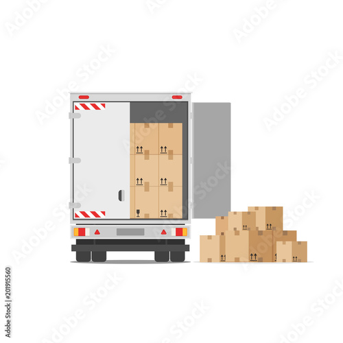 Truck for transportation of goods loaded with cardboard boxes. Delivery truck with a bunch of boxes. The concept of moving to a new house. Vector stock illustration in flat style isolated on white