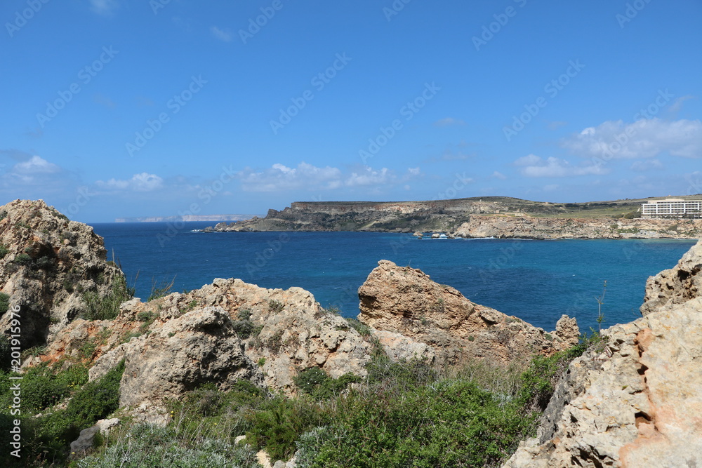 Landscape around Ghajn Tuffieha Bay at the Mediterranean sea in Malta