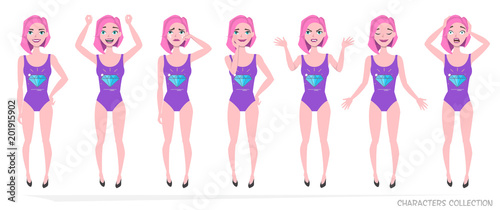 Young woman in ultra violet beach swimsuit. Set of emotions and gestures to the young woman. Girl in a different mood. Womens emotions, woman in everyday life. color of the year 2018 Ultra Violet.