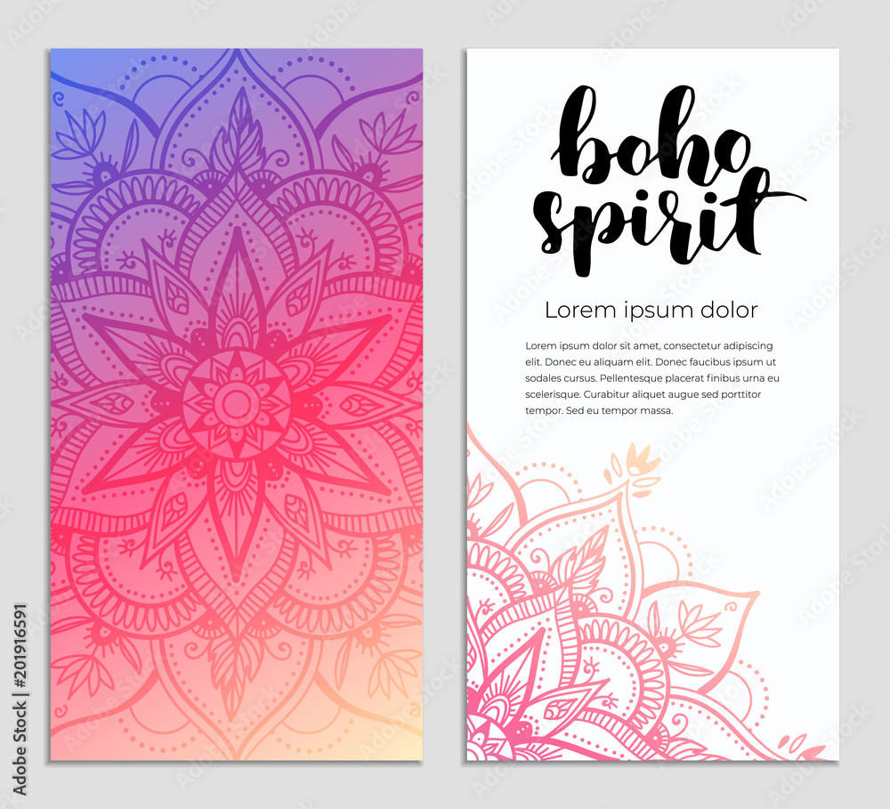 Abstract mandala banner design. Vector creative illustration with oriental boho elements. Gradient color theme flyers template Abstract mandala banner design. Vector creative illustration with oriental boho elements. Gradient color theme flyers template