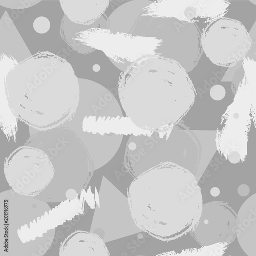 Gray grunge seamless pattern with circle, lines, stripes, abstract hand drawn brush strokes and paint splashes. Infinity texture, modern grungy background. Vector illustration.