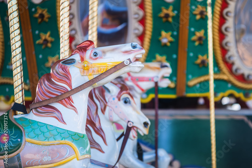 Beautiful nostalgic colorful vintage carousel merry-go-round horse ride