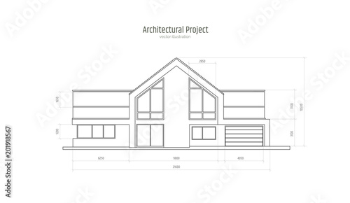 Architectural drawing of a three storey cottage with dimensions. Modern house, villa, cottage, townhouse isolated on white background. Realistic vector illustration.