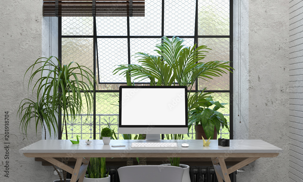 Fototapeta premium Computer display for mockup on table and plant in cement room, 3D rendering