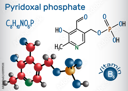 Pyridoxal phosphate (PLP, pyridoxal 5'-phosphate, P5P), vitamin B6, is a coenzyme. Structural chemical formula and molecule model
