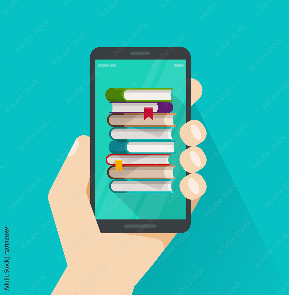 Books on mobile phone screen vector illustration, flat cartoon books stack on smartphone, concept of reading on cellphone, internet learning, education technology, online library, electronic courses Books on mobile phone screen vector illustration, flat cartoon books stack on smartphone, concept of reading on cellphone, internet learning, education technology, online library, electronic courses