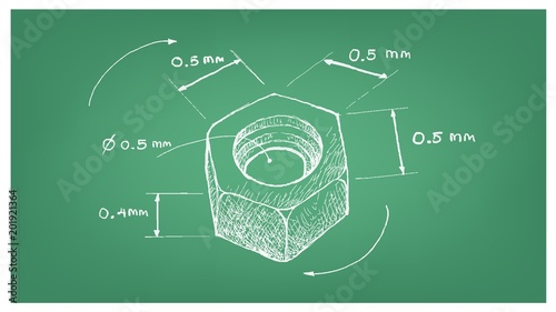 Dimension of Hex Nut Screw on Blueprint