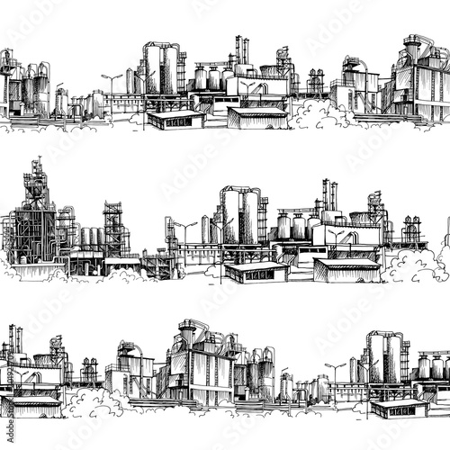 Chemical plant, the production of polymers, hand-drawn sketch vector