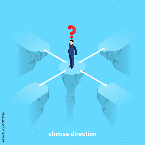 a man in a business suit stands on a rock, isometric image