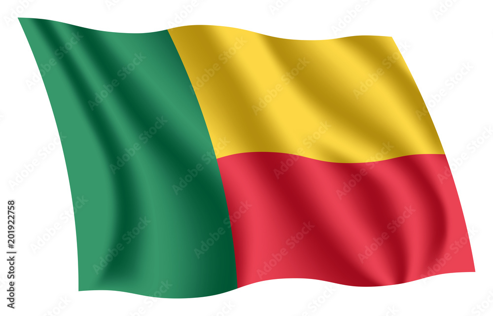 Benin flag. Isolated national flag of Benin. Waving flag of the Republic of Benin. Fluttering textile beninese flag. Benin flag. Isolated national flag of Benin. Waving flag of the Republic of Benin. Fluttering textile beninese flag.