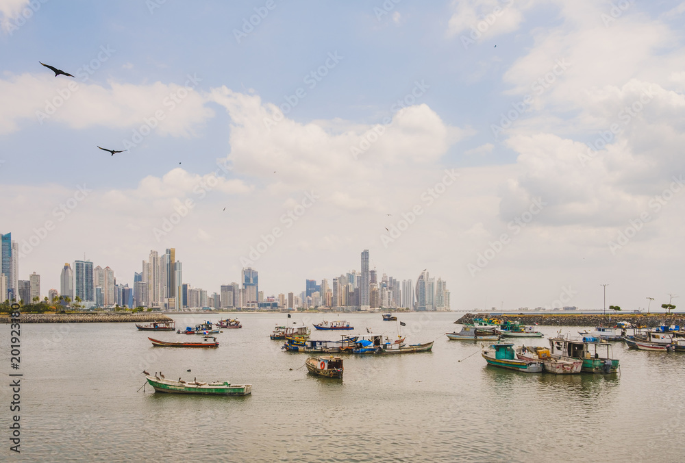 cityscape landscape, modern skyline and fisher boats, Panama City