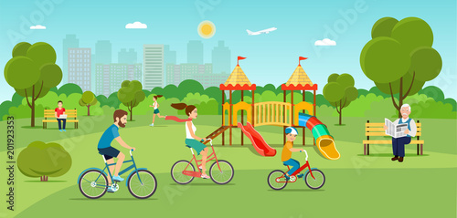 Family riding a bicycle Grandfather sitting on the bench and reading newspaper Young man sitting on the bench and working with laptop and Running girl in the park. Playground. Vector flat illustration