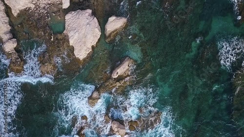 Aerial drone footage shot of huge ocean waves.