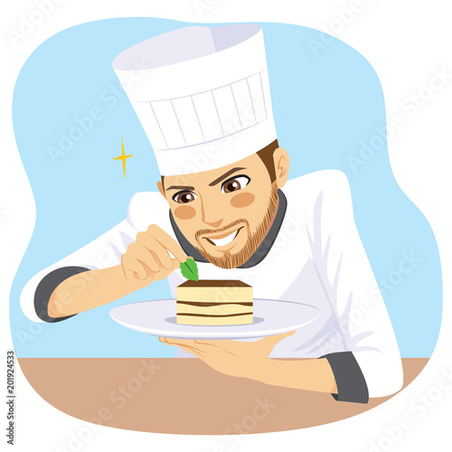 Young professional chef man decorating with mint leaf tiramisu dessert