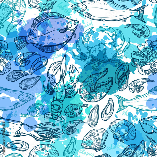 Seamless Hand Drawn Seafood Pattern With Blue Watercolor Texture