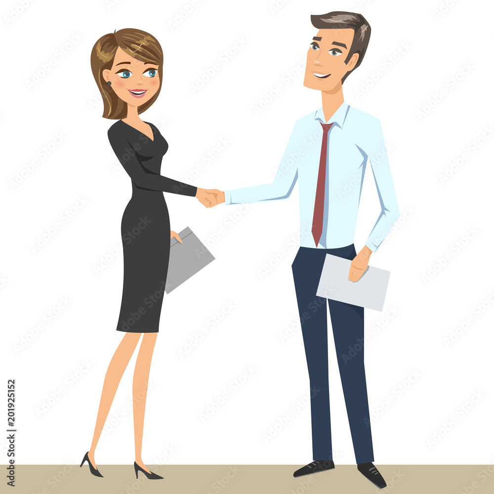 Elegant man and woman (business persons, businessman and businesswoman) shaking hands. Vector illustration, isolated on white. Elegant man and woman (business persons, businessman and businesswoman) shaking hands. Vector illustration, isolated on white.