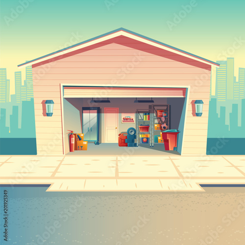 Vector cartoon mechanic workshop, fitting or repair garage. Storeroom with furniture, tools, car parts and details. Automobile service near with the road, urban business