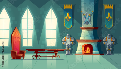 Vector castle hall, interior of royal ballroom with throne, table, fireplace and knight armor. Luxury furniture in medieval palace. Fantasy, fairy tale or game background