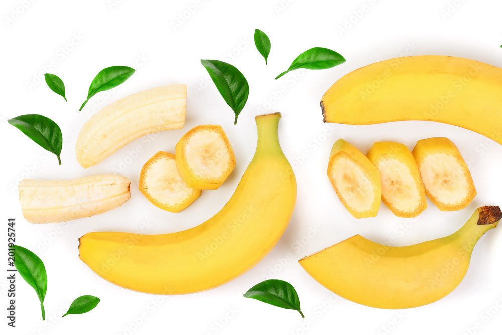 whole and sliced bananas isolated on white background with copy space for your text. Top view. Flat lay whole and sliced bananas isolated on white background with copy space for your text. Top view. Flat lay