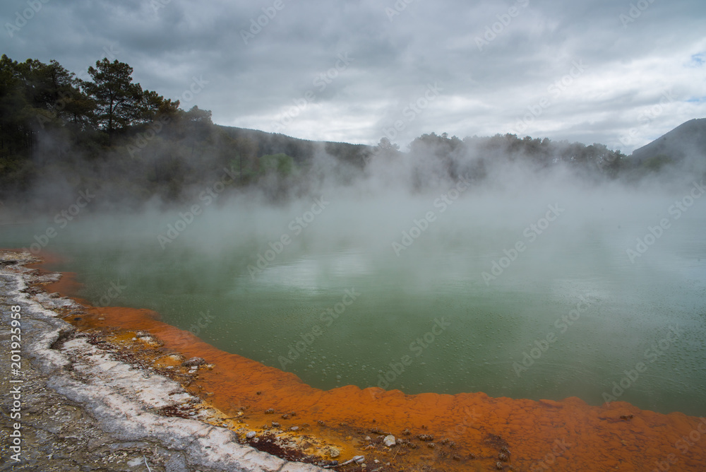 The Champagne Pool at the Waiotapu Geothermal Wonderland in New Zealand near Taupo. 