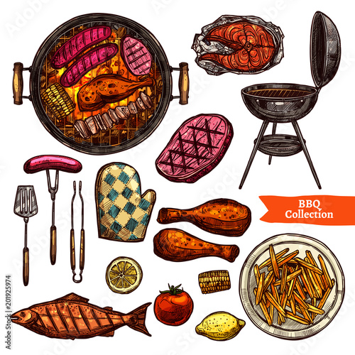 Bbq Grill Color Sketch Set. Hand Drawn Barbecue Collection