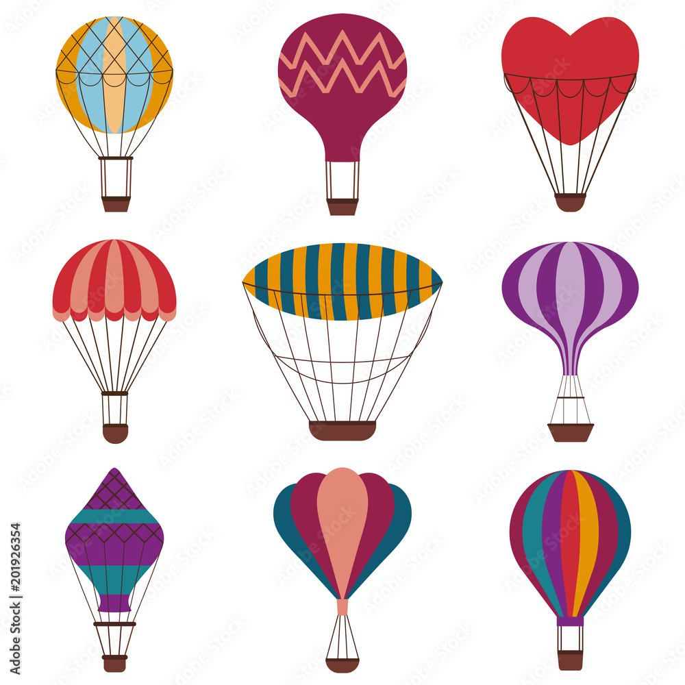 Hot air balloons colorful set. Vintage gas balloons with different shapes and patterns. Air craft adventure, exploring colored retro airships icons. Romantic flight trip, touristic ballooning journey.