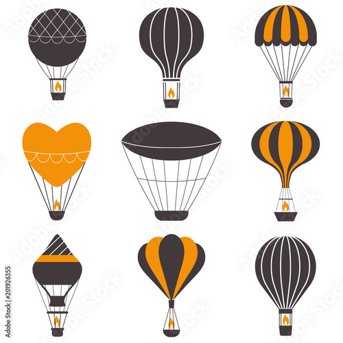 Hot air balloons icons in monochrome. Vintage gas balloons logo or label templates. Air craft adventure, exploring retro airships and aerostats emblems. Touristic ballooning journey logotypes.