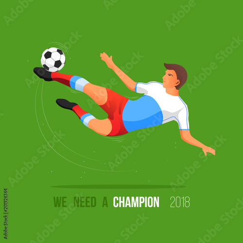 Football player in the clothes of the color of The Russian flag in flight kicks the ball. 2018 football championship.