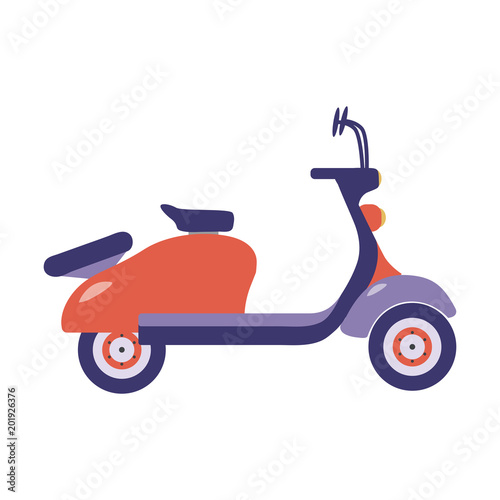 Red summer scooter or motor bike cartoon vector illustration. Parked motorcycle or retro motorbike icon in flat design.