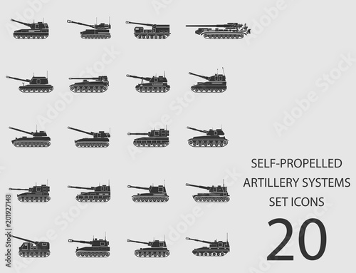 Self-propelled artillery systems set of flat icons. Vector illustration