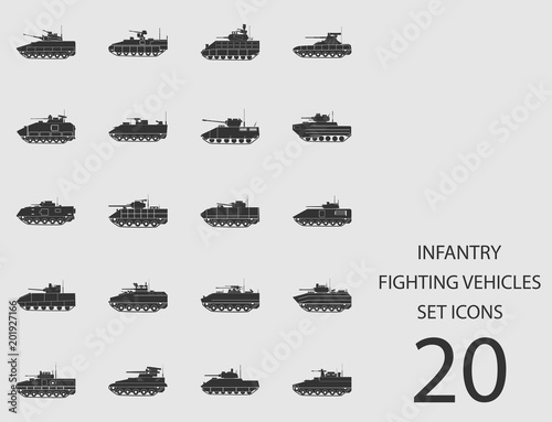 Infantry fighting vehicles set of flat icons. Vector illustration