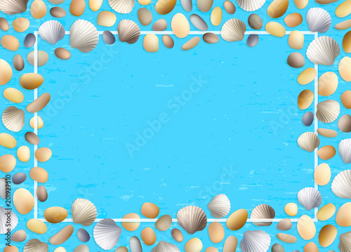 Shells frame. Blue grunge background. Stones and seashells vector. Summer illustration. Ocean or sea poster. Travel illustration. Tropical beach vacation.