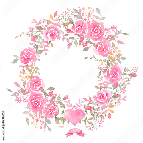 Handpainted watercolor wreath with rose flowers.