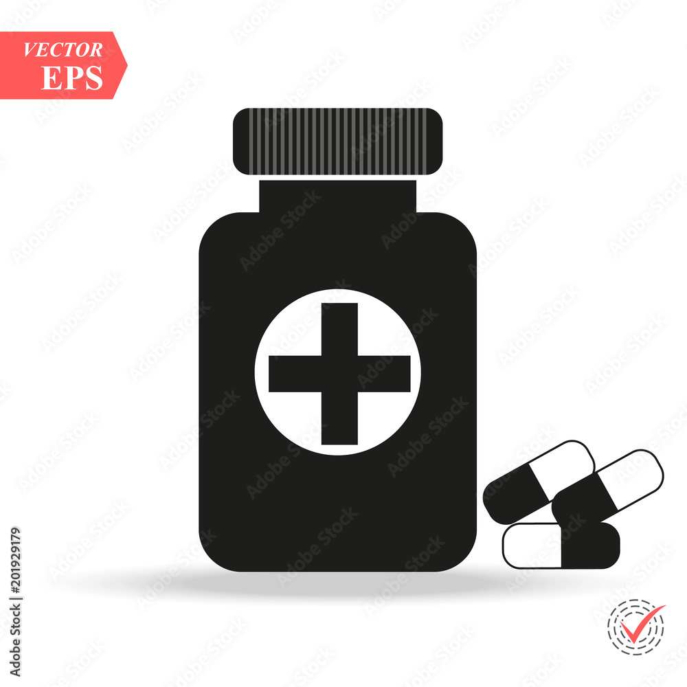 Medicine bottle and pills. Black and white icon. Vector illustration Medicine bottle and pills. Black and white icon. Vector illustration