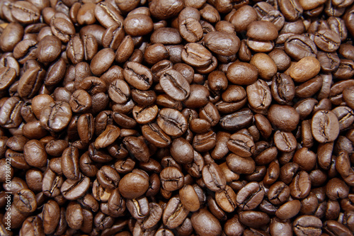 Roasted brown coffee beans close-up