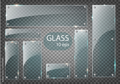 Vector modern transparent glass plates set on sample background.