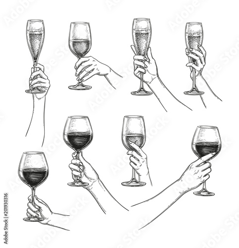 Set of hands with wine glasses