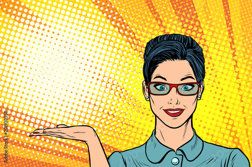 smiling woman presentation gesture