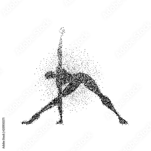Man yoga pose silhouette in particle splash art