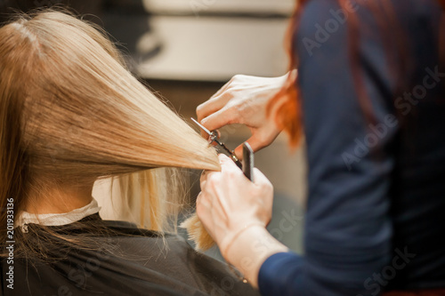 stylist cuts hair blonde in the salon