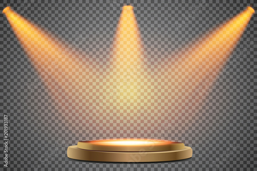 Round podium, first place. Pedestal or platform illuminated by spotlights on white background. Stage with scenic lights. Vector illustration.