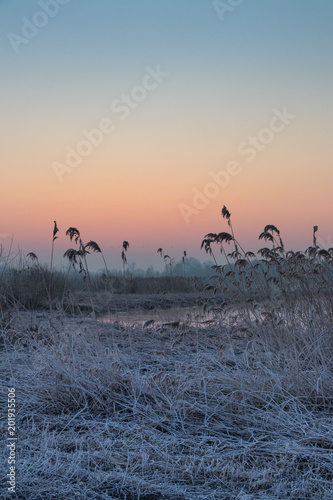 Fototapeta Naklejka Na Ścianę i Meble -  sunrise above the spring, frozen river 