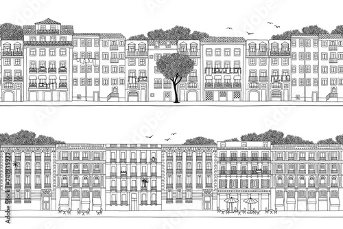 Two hand drawn seamless city banners - Spanish and Portuguese style houses