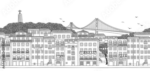 Lisbon, Portugal - Seamless banner of the city’s skyline, hand drawn black and white illustration