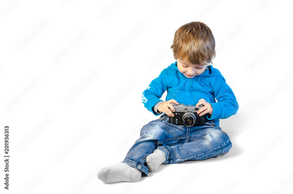 Little boy with photo camera isolated Little boy with photo camera isolated