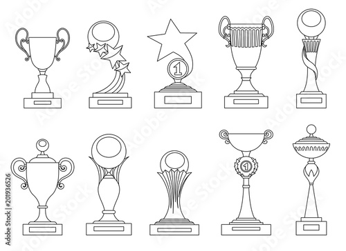 Sports trophies and awards silhouettes set for design, such logo. Adult coloring book